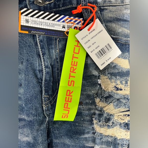 Smoke Rise MEN ESSENTIALS DISTRESSED DENIM SLIM TAPERED FIT JEANS BLUE 38x34 - Picture 5 of 6